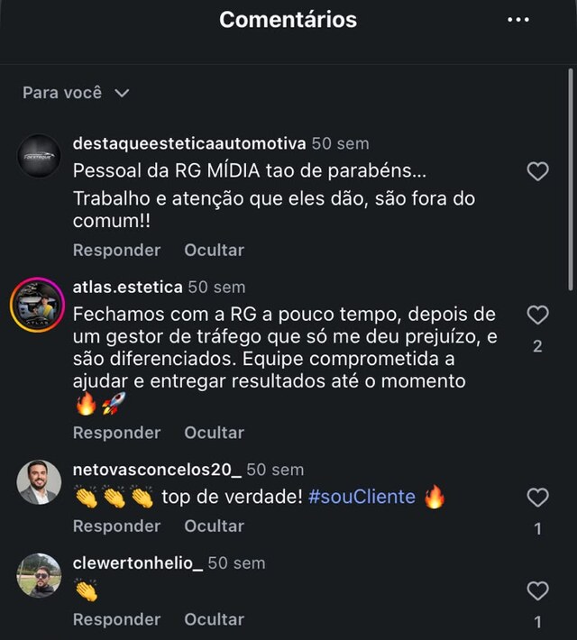 Comentários de clientes no Instagram @rgdotrafego