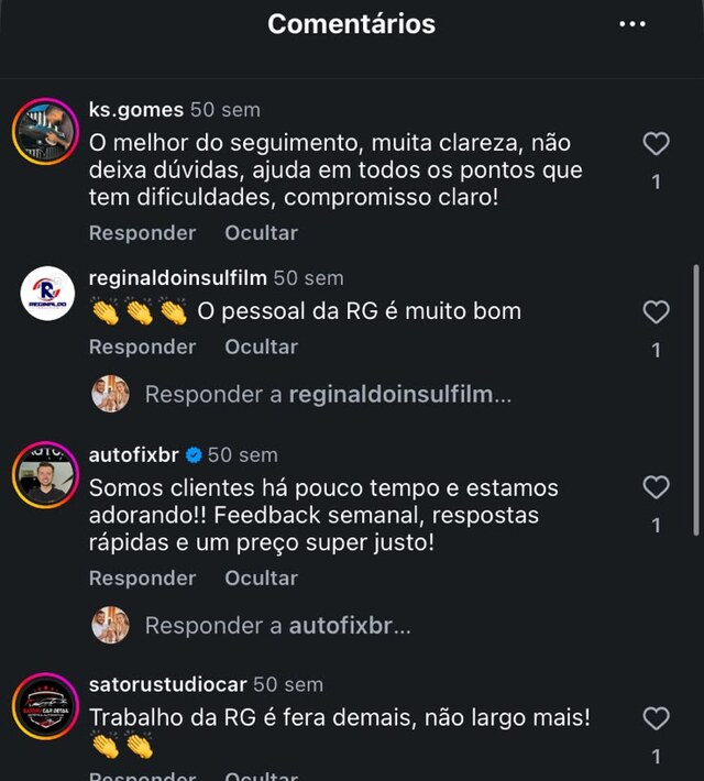 Comentários de clientes no Instagram @rgdotrafego
