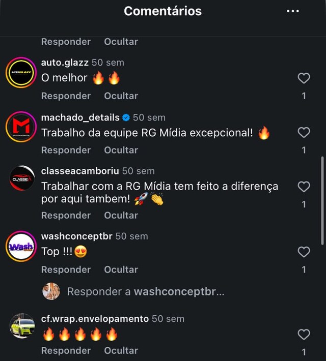Comentários de clientes no Instagram @rgdotrafego