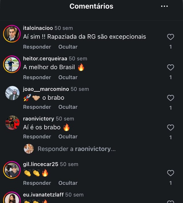 Comentários de clientes no Instagram @rgdotrafego
